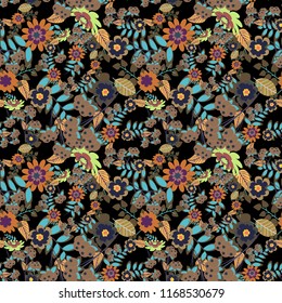Floral seamless texture. Beautiful bright abstract decorative beige, black and brown flowers. Elements to create design patterns, ornament, backgrounds, wallpaper, textiles. Vector illustration.