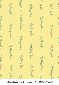 Floral seamless texture with beautiful minimalistic twigs on a yellow background. Doodle style. Suitable for children's party, birthday, wallpaper, wrapping paper and fabric.