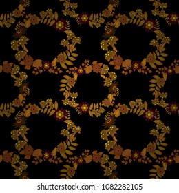 Floral seamless texture. Elements to create design patterns, ornament, backgrounds, wallpaper, textiles. Vector illustration. Beautiful bright abstract decorative green, brown and yellow flowers.