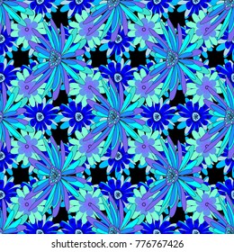 Floral seamless texture. Elements to create design patterns, ornament, backgrounds, wallpaper, textiles. Vector illustration. Beautiful bright abstract decorative violet, blue and black flowers.