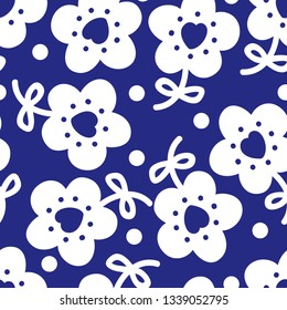 Floral seamless texture, endless pattern with flowers, love and polka dots. Seamless pattern can be used for wallpaper, pattern fills, web page background, surface textures