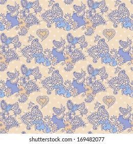 Floral seamless texture, endless pattern with flowers and hearts.