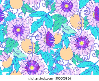 Floral seamless texture with flowers. Floral Pattern with hand-drawn flowers. In vaporwave pastel neon, psychedelic style