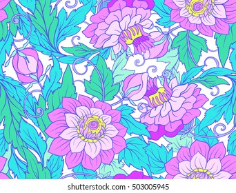 Floral seamless texture with flowers. Floral Pattern with hand-drawn flowers. In vaporwave pastel neon, psychedelic style