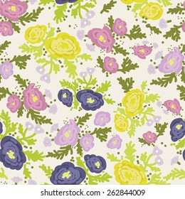 floral seamless texture, hand drawn inflorescences of roses or ranunkulyus flowers, vector illustration