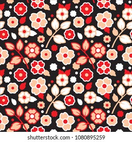 Floral seamless texture. Ornament of pink flowers on a black background. Pattern of geometric plants