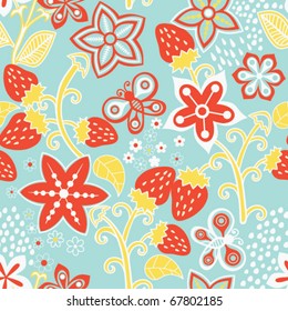 Floral Seamless Texture with a Strawberry