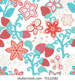 Floral Seamless Texture with a Strawberry