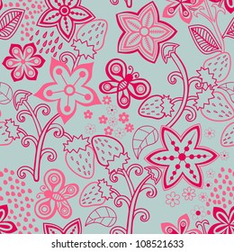 Floral seamless Texture with a strawberry. Bright background, summer theme seamless pattern, vector wallpaper, summer texture, wrapping with flowers, spring and summer theme for your design