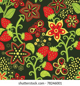 Floral seamless texture with a strawberry, endless summer background