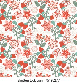 Floral Seamless Texture with a Strawberry.Endless floral texture
