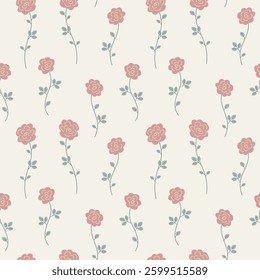 Floral seamless texture for textile or wrapping paper. Repeat botanical ornament. Vector pattern with blooming stylized roses. Simple delicate flowers wallpaper.