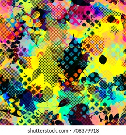 Floral Seamless texture with urban elements. Leaves and dots. Abstract vector background for web page, banners, fabric, home decor, wrapping. Autumn mood