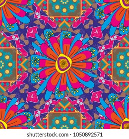 Floral seamless texture. Vector illustration. Beautiful bright abstract decorative orange, blue and magenta flowers. Elements to create design patterns, ornament, backgrounds, wallpaper, textiles.