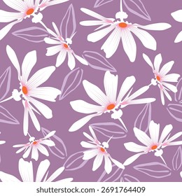 Textura floral sin fisuras, patrón floral vintage con flores blancas sobre fondo púrpura