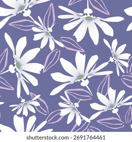 Textura floral sin fisuras, patrón floral vintage con flores blancas sobre fondo púrpura
