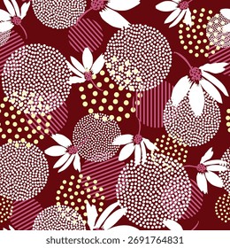 Textura floral sin fisuras, patrón floral vintage con flores blancas sobre fondo púrpura