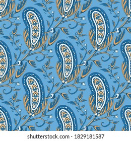 Floral seamless traditional pattern in oriental paisley style. Stylized indian flowers and branches background using boteh or buta