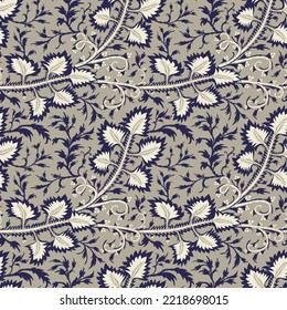 Floral seamless traditional pattern in oriental paisley style. Stylized indian fantasy flowers and branches print. Hand drawn background