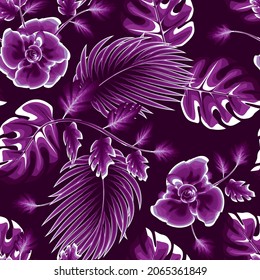 Floral seamless tropical pattern with bright violet palm leaf and monstera plants leaves on a dark background. exotic tropical plants. fabric texture. jungle print. wallpaper