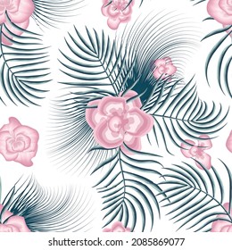 Blumennahtlose tropische Muster mit hellrosa Blumen und blauen Pflanzenblättern auf weißem Hintergrund. Dschungelblattnahtlose Vektorgrafik-Musterhintergrund. Design für Gewebe, Tapeten oder Wrackpapiere