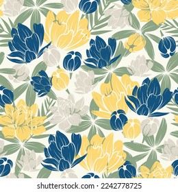 Floral seamless tropical pattern with bright plants and leaves on a delicate beige background. Beautiful exotic plants.  Summer colorful hawaiian seamless pattern with tropical plants.