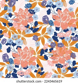 Floral seamless tropical pattern with bright plants and leaves on a delicate pastel background. Beautiful print with hand drawn exotic plants. Beautiful seamless vector floral pattern.