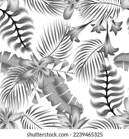 Floral seamless tropical pattern with gray monochromatic banana palm leaves and plants foliage on white background. Jungle leaf seamless vector. floral background. exotic wallpaper. Summer design