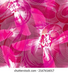 Patrón tropical floral sin fisuras con plantas monocromáticas rosas y hojas sobre fondo abstracto. Fondo de patrón floral vectorial sin costuras de hoja de jungla. Fondo de las flores. Diseño de verano. Exótico