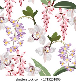 Floral trópico sin fisuras, fondo de verano con flores y ramas de orquídeas exóticas. Papel mural botánico vintage, ilustración al estilo hawaiano.