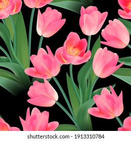 Floral Seamless tulip with leaves pattern on a beautiful background. High realism, vector, spring flowers for fabric, prints, decorations, invitation cards.