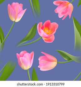 Floral Seamless tulip with leaves pattern on a beautiful background. High realism, vector, spring flowers for fabric, prints, decorations, invitation cards.