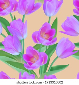 Floral Seamless tulip with leaves pattern on a beautiful background. High realism, vector, spring flowers for fabric, prints, decorations, invitation cards.