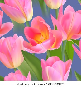 Tulipanes sin soldadura floral con patrón de hojas sobre un hermoso fondo. Gran realismo, vector, flores primavera para tela, impresiones, decoraciones, tarjetas de invitación.