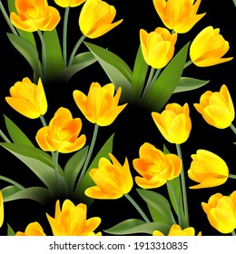 Floral Seamless tulip with leaves pattern on a beautiful background. High realism, vector, spring flowers for fabric, prints, decorations, invitation cards.