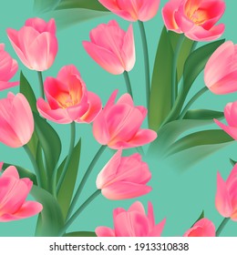 Tulipanes sin soldadura floral con patrón de hojas sobre un hermoso fondo. Gran realismo, vector, flores primavera para tela, impresiones, decoraciones, tarjetas de invitación.