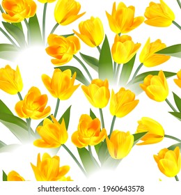 Floral Seamless tulip with leaves pattern on a beautiful background. High realism, vector, spring flowers for fabric, prints, decorations, invitation cards.