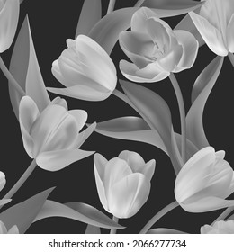 Tulipán sin soldadura floral con patrón de hojas sobre un hermoso fondo. Gran realismo, vector, flores primavera para tela, impresiones, decoraciones, tarjetas de invitación.