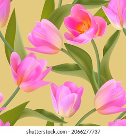 Tulipán sin soldadura floral con patrón de hojas sobre un hermoso fondo. Gran realismo, vector, flores primavera para tela, impresiones, decoraciones, tarjetas de invitación.