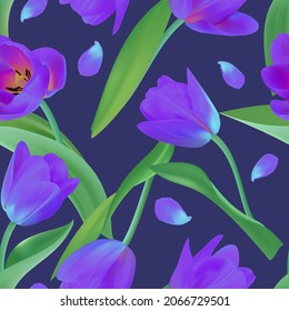 Tulipán sin soldadura floral con patrón de hojas sobre un hermoso fondo. Gran realismo, vector, flores primavera para tela, impresiones, decoraciones, tarjetas de invitación.