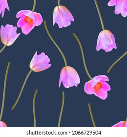 Floral Seamless tulip with leaves pattern on a beautiful background. High realism, vector, spring flowers for fabric, prints, decorations, invitation cards.
