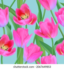Floral Seamless tulip with leaves pattern on a beautiful background. High realism, vector, spring flowers for fabric, prints, decorations, invitation cards.