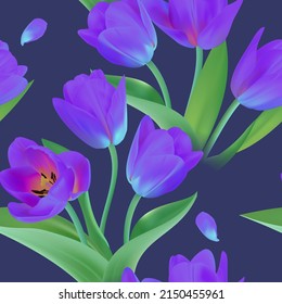 Patrón de tulipanes sin soldadura floral sobre un hermoso fondo. Gran realismo, vector, flores primavera para tela, impresiones, decoraciones, tarjetas de invitación.