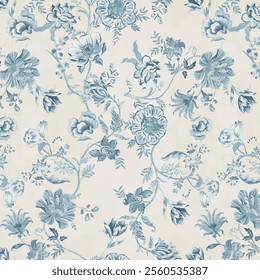 Floral seamless two color allover pattern with abstract off blue flowers on beige background.