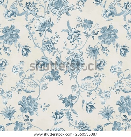 Floral seamless two color allover pattern with abstract off blue flowers on beige background.