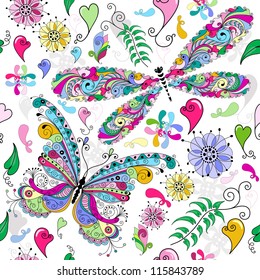 Floral seamless valentine pattern with colorful butterfly and dragonfly and hearts (vector)
