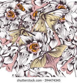 Floral seamless vector background with butterflies and flowers filigree drawn illustration