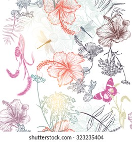 Floral seamless vector background with engraved flowers hibiscus, dragonfly. Nature illustration