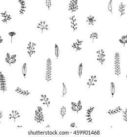 Floral seamless vector background pattern with isolated black and white leaves , grass, flowers