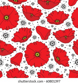 Floral seamless vector background with poppy flowers, vector illustration